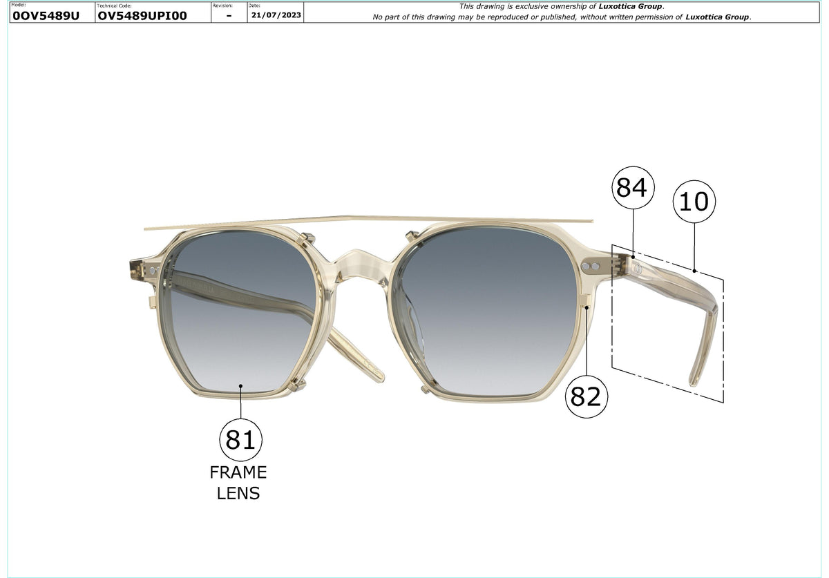 Enlarged technical drawing of the Oliver Peoples G. Ponti-5 OV5489U Glasses Replacement Parts