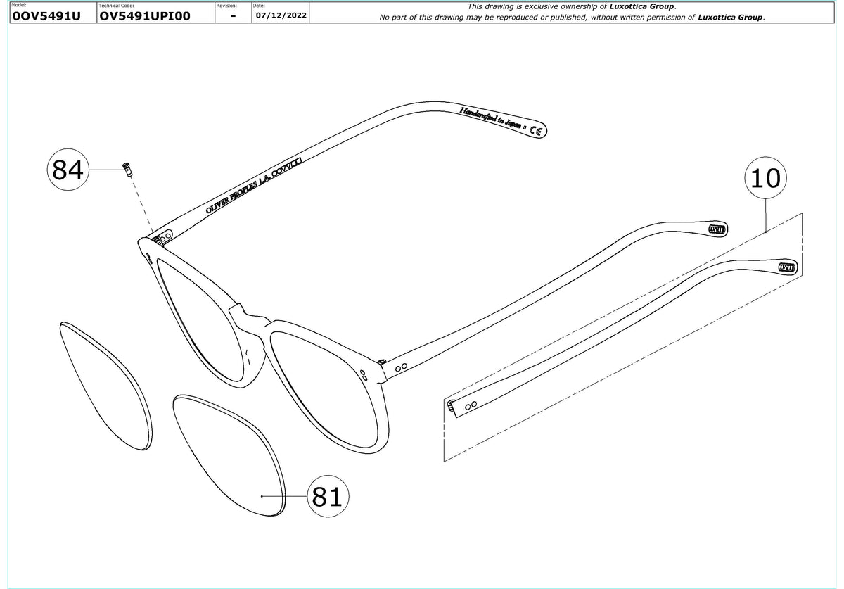 Enlarged technical drawing of the Oliver Peoples Finley 1993 OV5491U Glasses Replacement Parts