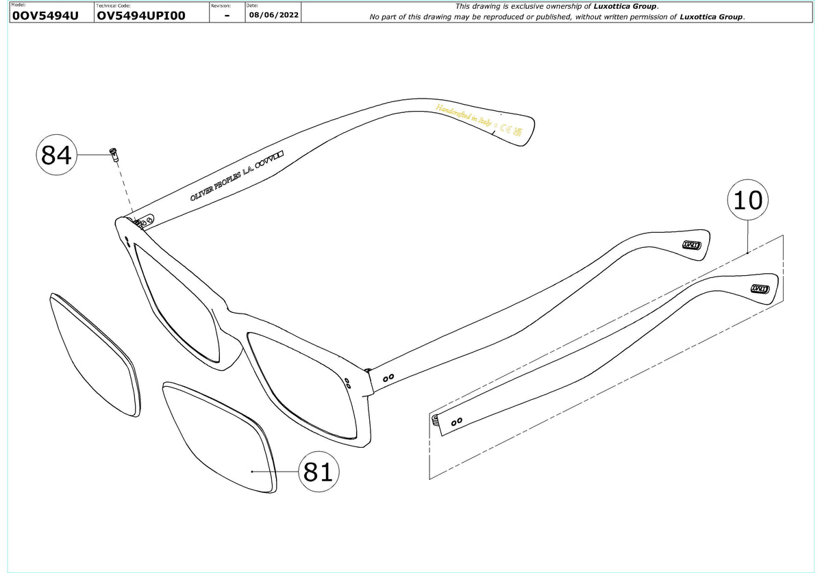 Exploded technical drawing of the Oliver Peoples Myerson OV5494U Glasses Replacement Parts, with each replacement part numbered