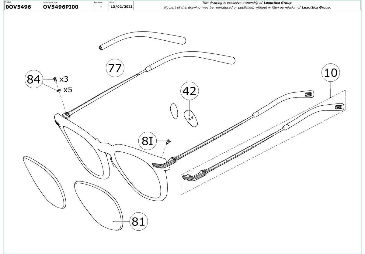 Enlarged technical drawing of the Oliver Peoples Len OV5496 Glasses Replacement Parts