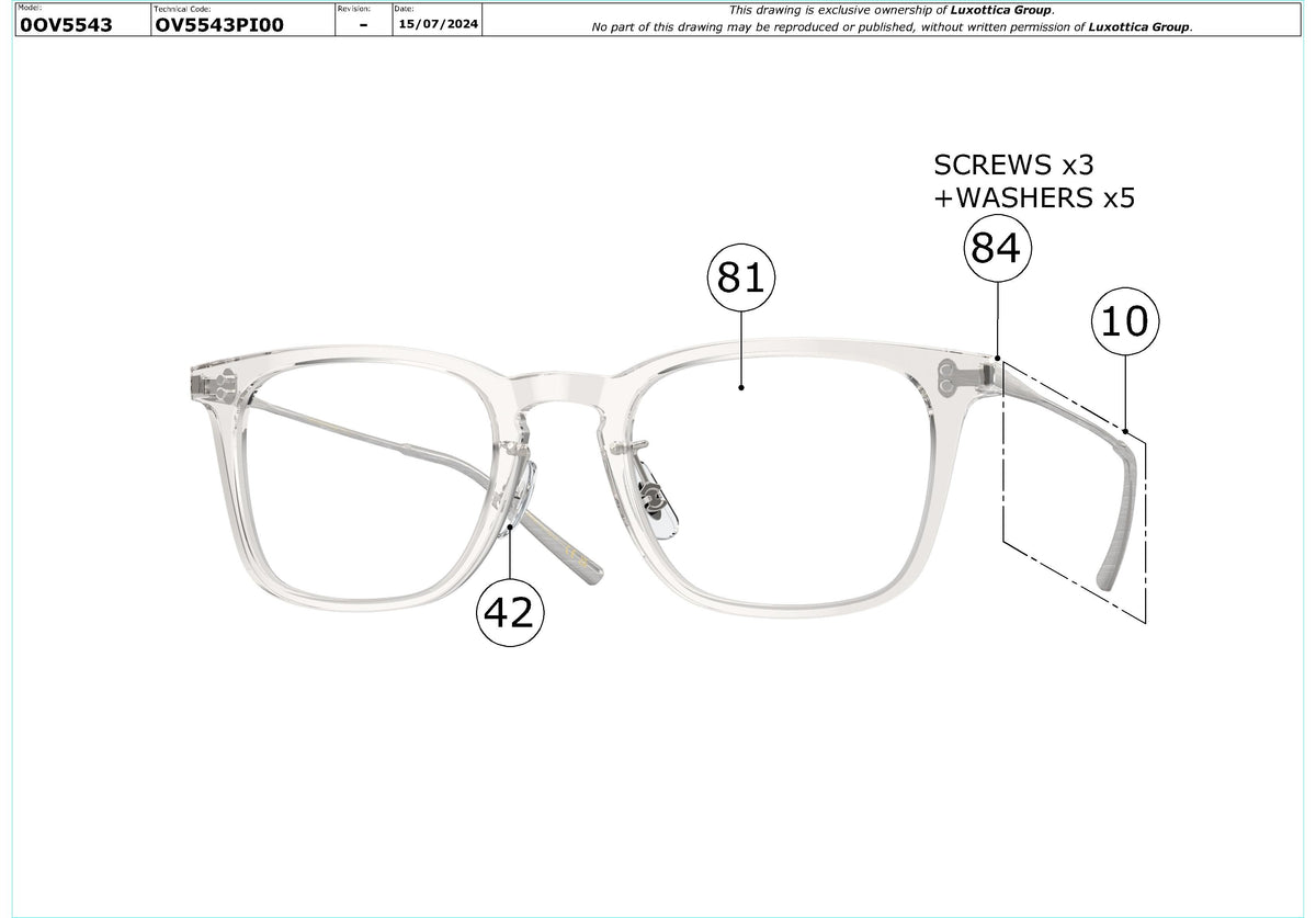 Enlarged technical drawing of the Oliver Peoples Loftin OV5543 Glasses Replacement Parts