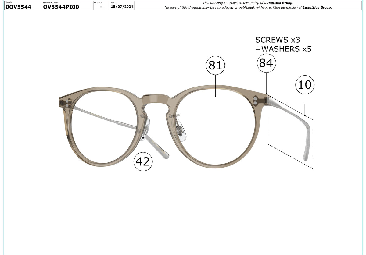 Exploded technical drawing of the Oliver Peoples Orrison OV5544 Glasses Replacement Parts, with each replacement part numbered