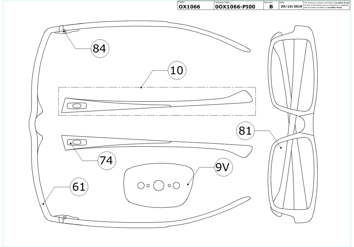 Enlarged technical drawing of the Oakley Servo OX1066 Glasses Replacement Parts