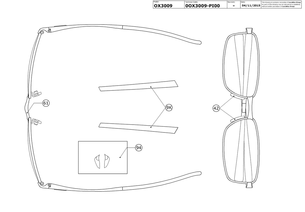 Enlarged technical drawing of the Oakley Bottle Rocket 4.0 OX3009 Glasses Replacement Parts