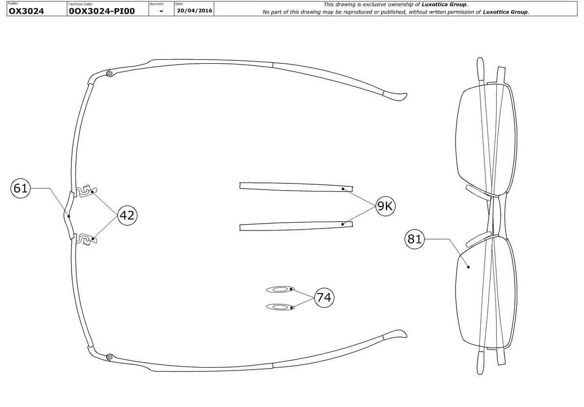 Exploded technical drawing of the Oakley Jackknife 4.0 OX3024 Glasses Replacement Parts, with each replacement part numbered