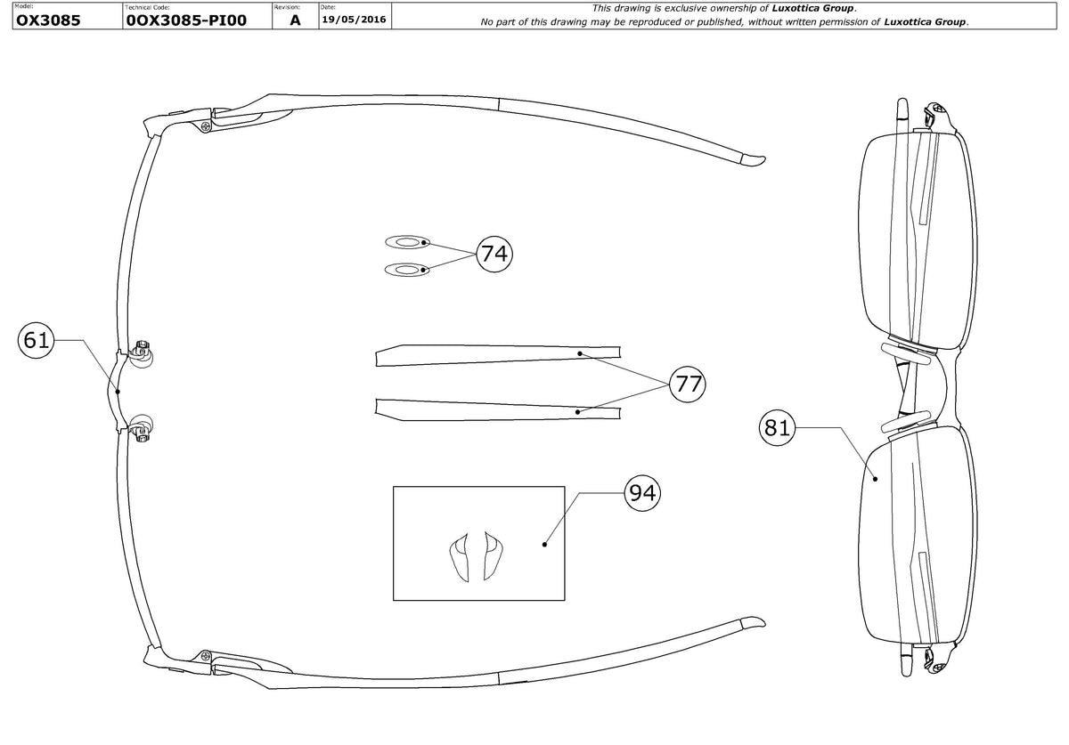 Exploded technical drawing of the Oakley Transistor OX3085 Glasses Replacement Parts, with each replacement part numbered