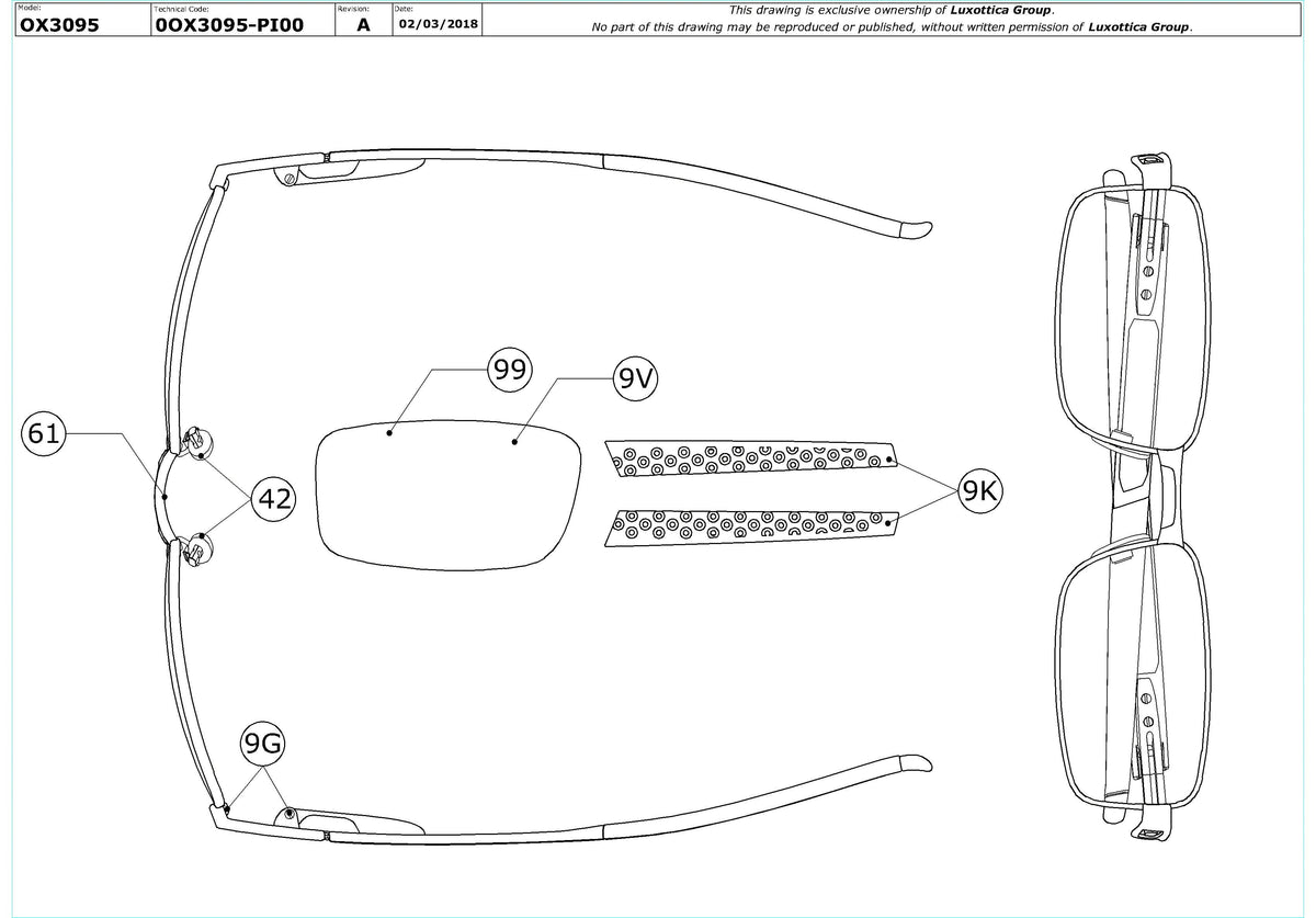 Exploded technical drawing of the Oakley Twin Shock OX3095 Glasses Replacement Parts, with each replacement part numbered