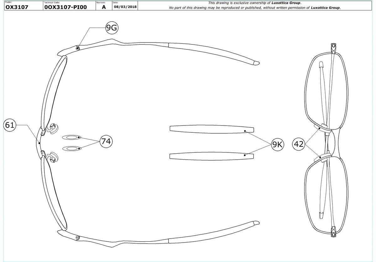 Exploded technical drawing of the Oakley Whisker 6b OX3107 Glasses Replacement Parts, with each replacement part numbered