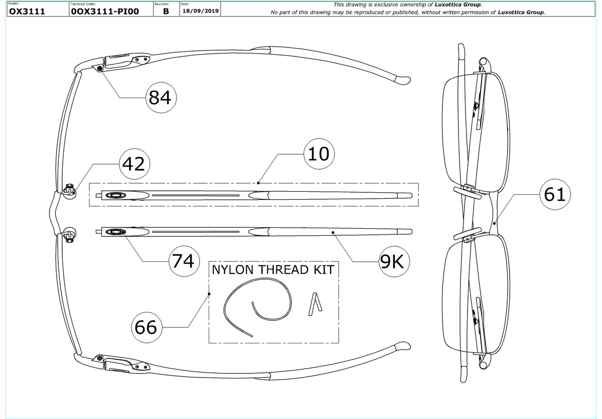 Exploded technical drawing of the Oakley Rhinochaser OX3111 Glasses Replacement Parts, with each replacement part numbered