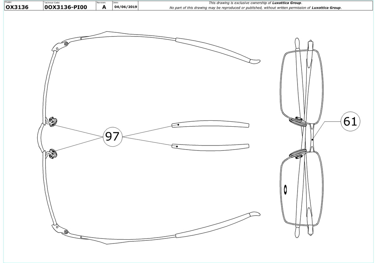 Enlarged technical drawing of the Oakley Top Spinner 4b OX3136 Glasses Replacement Parts