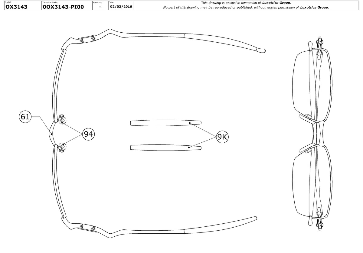 Exploded technical drawing of the Oakley Drill Bit 0.5 OX3143 Glasses Replacement Parts, with each replacement part numbered