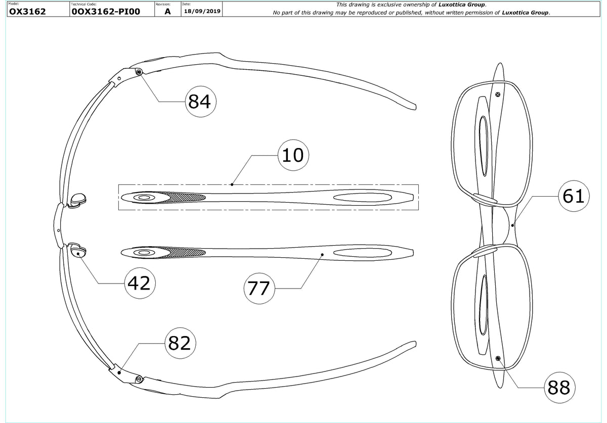 Enlarged technical drawing of the Oakley Blender 6b OX3162 Glasses Replacement Parts