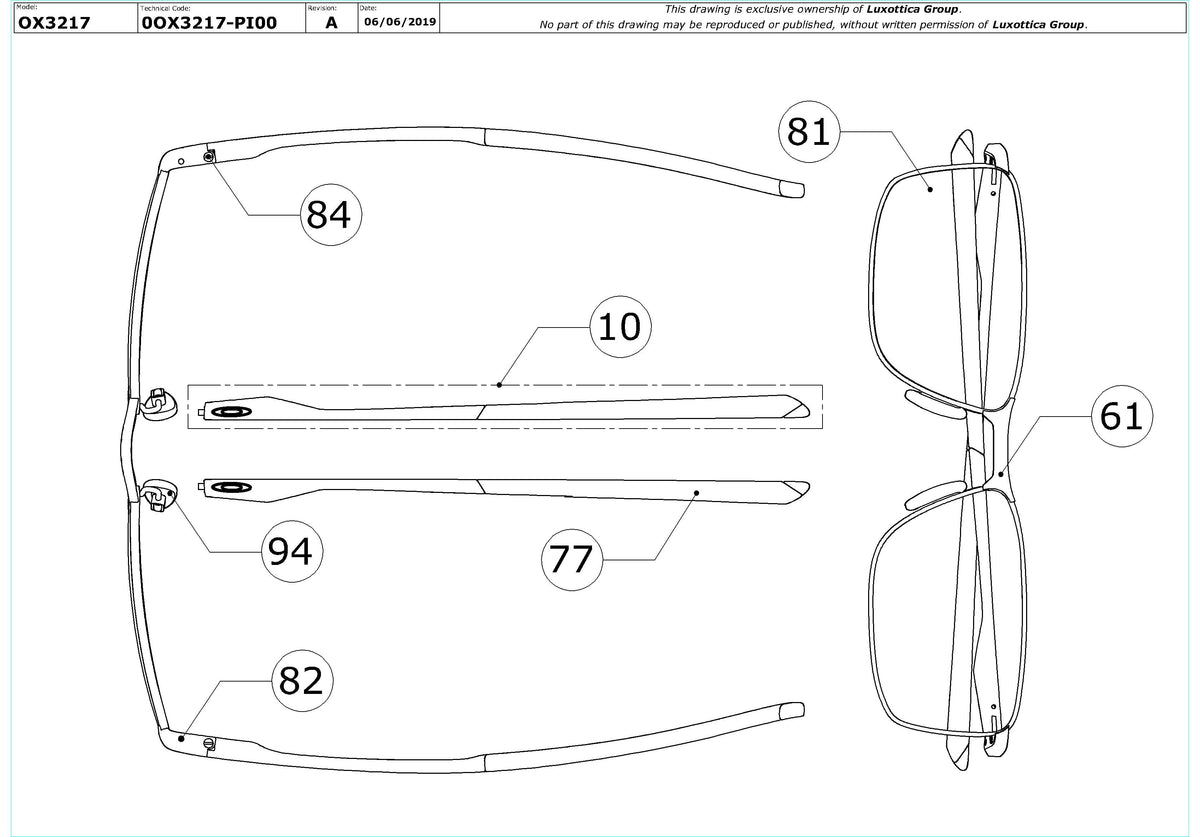 Exploded technical drawing of the Oakley Socket 5.0 OX3217 Glasses Replacement Parts, with each replacement part numbered