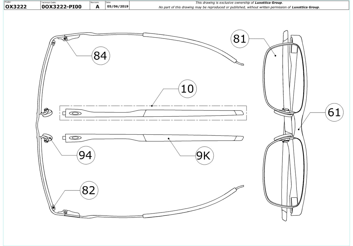Enlarged technical drawing of the Oakley Steel Plate OX3222 Glasses Replacement Parts