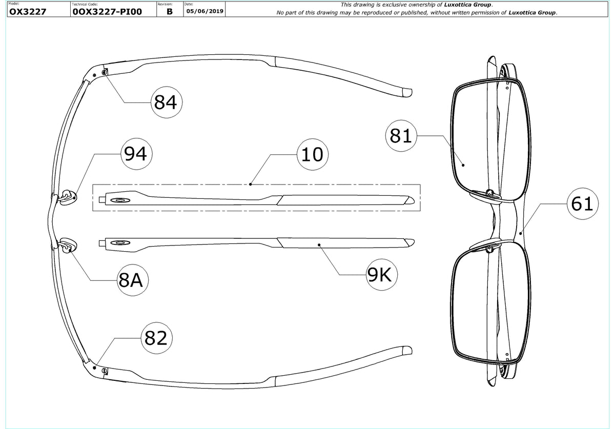 Exploded technical drawing of the Oakley Fuller OX3227 Glasses Replacement Parts, with each replacement part numbered