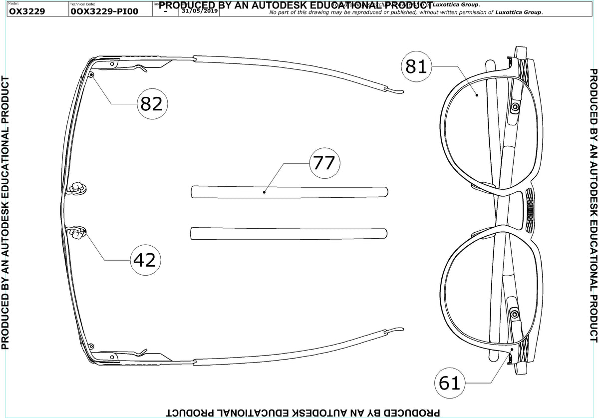 Enlarged technical drawing of the Oakley Diecutter RX OX3229 Glasses Replacement Parts