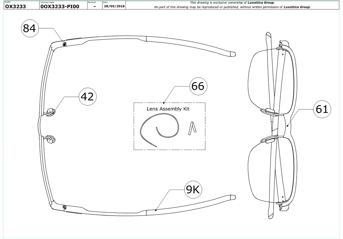 Exploded technical drawing of the Oakley Cathode OX3233 Glasses Replacement Parts, with each replacement part numbered