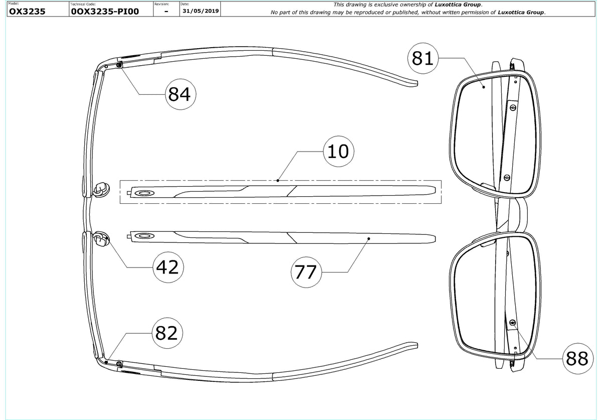 Exploded technical drawing of the Oakley Spindle OX3235 Glasses Replacement Parts, with each replacement part numbered