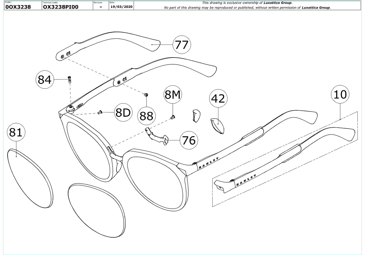 Enlarged technical drawing of the Oakley Top Knot OX3238 Glasses Replacement Parts