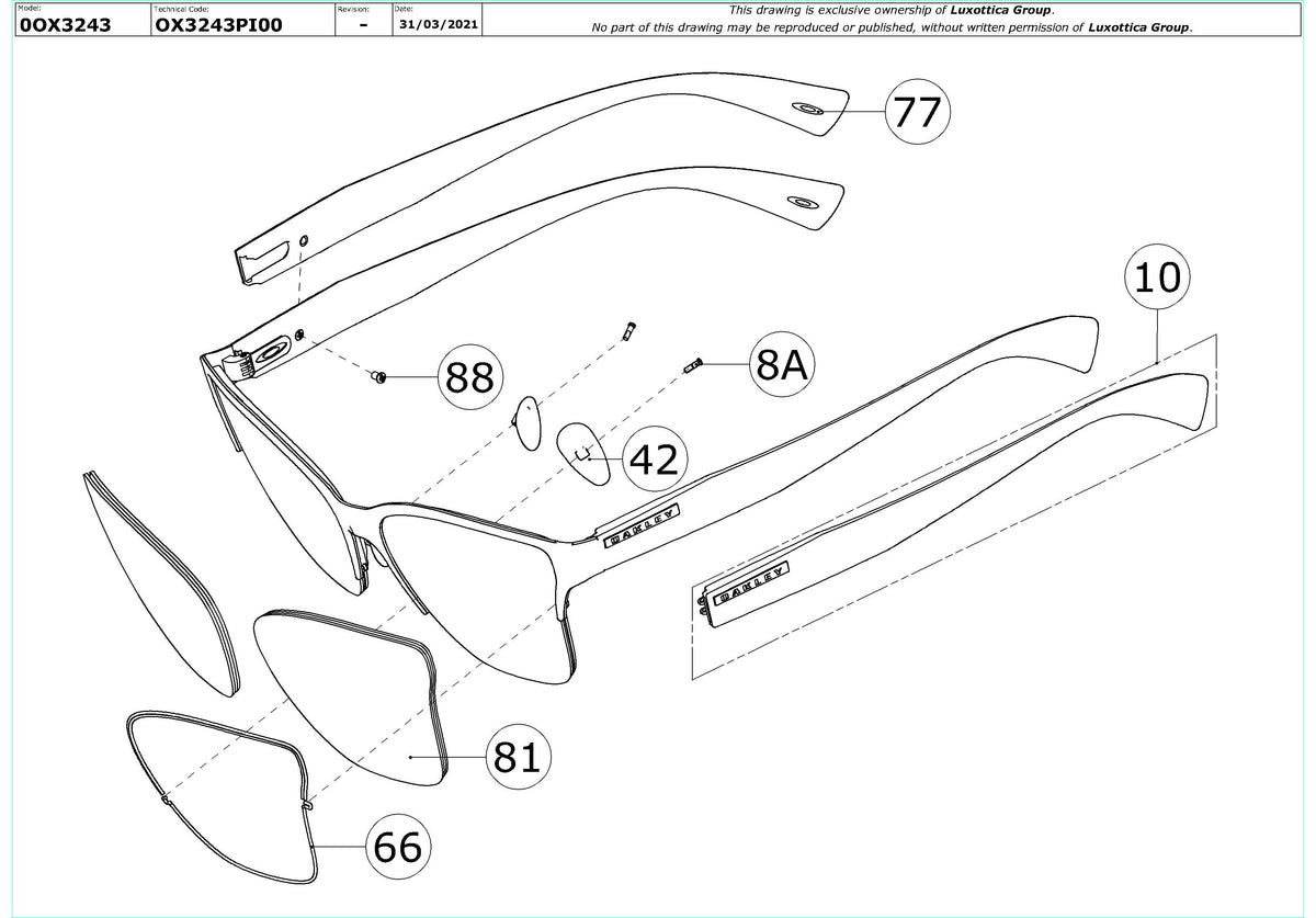 Exploded technical drawing of the Oakley Halifax OX3243 Glasses Replacement Parts, with each replacement part numbered