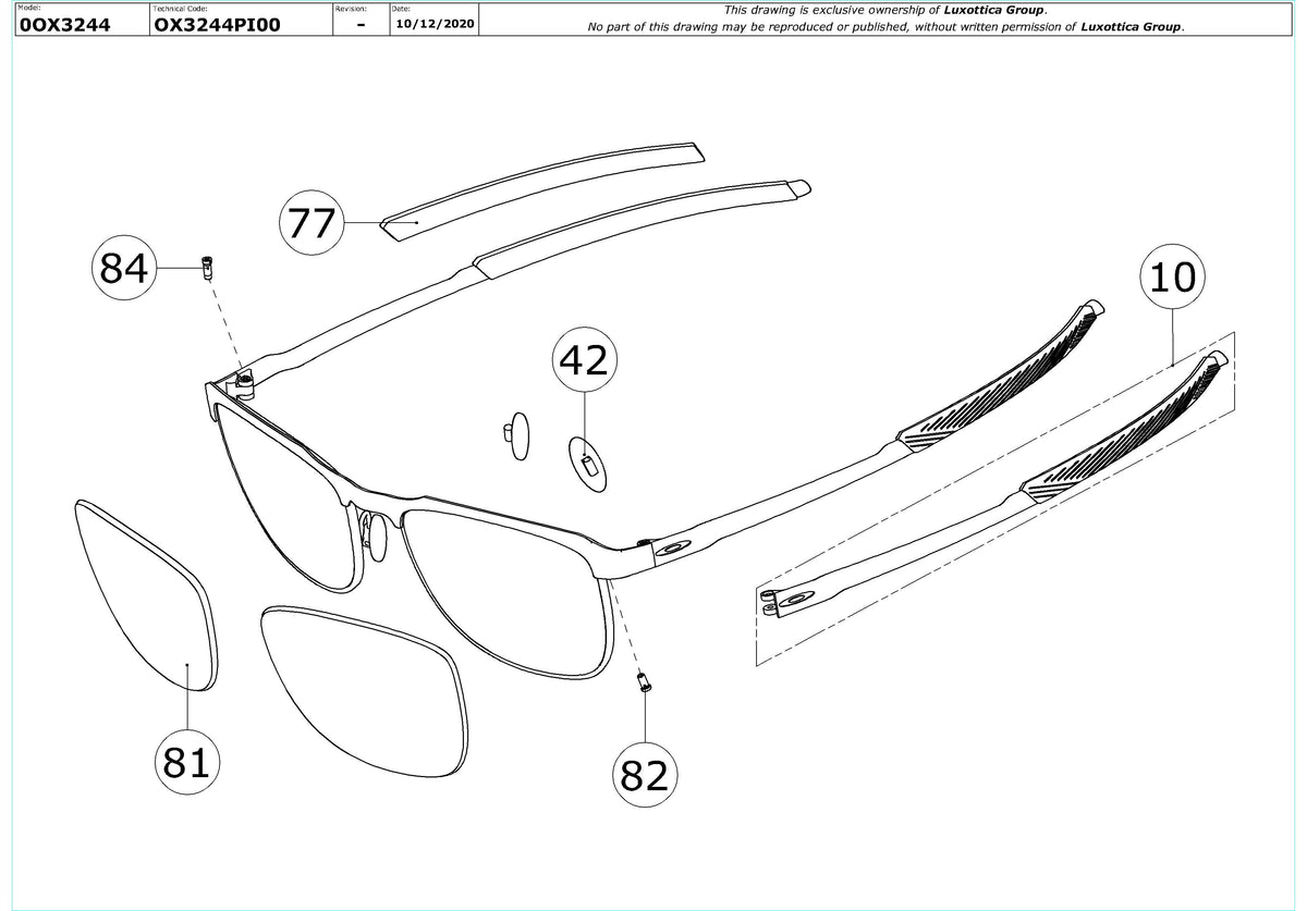 Enlarged technical drawing of the Oakley Tail Pipe OX3244 Glasses Replacement Parts