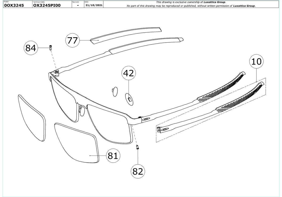 Exploded technical drawing of the Oakley Fuel Line OX3245 Glasses Replacement Parts, with each replacement part numbered
