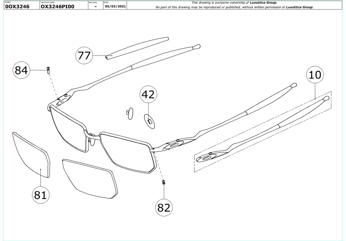 Enlarged technical drawing of the Oakley Outer Foil OX3246 Glasses Replacement Parts