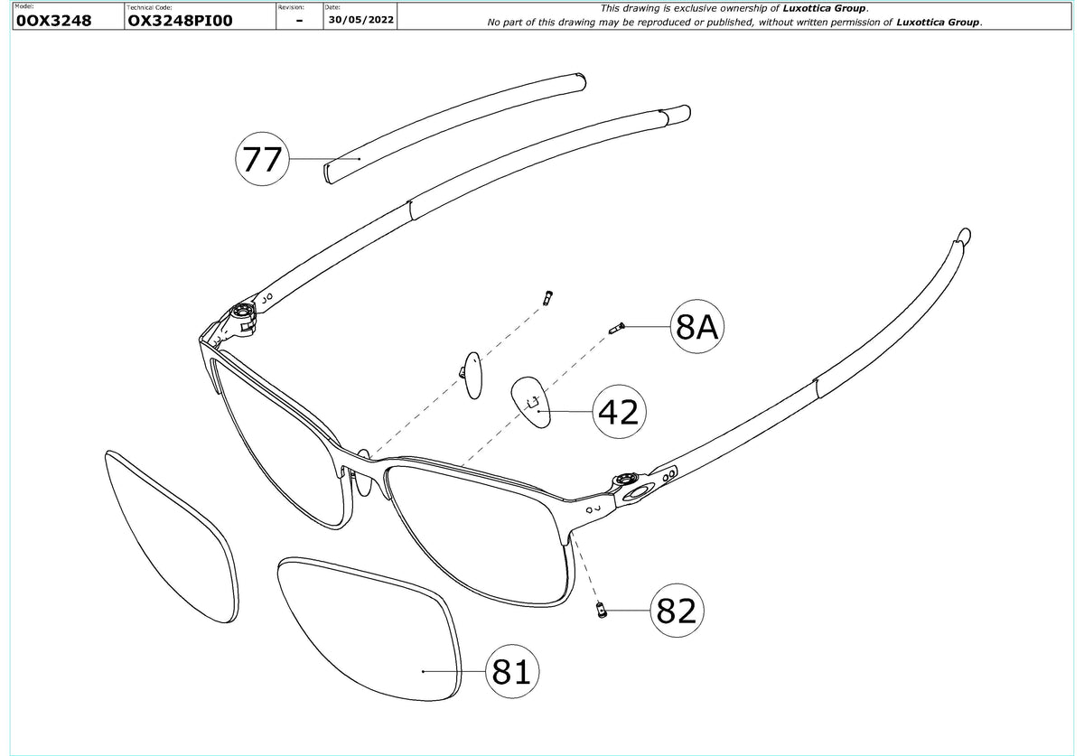 Enlarged technical drawing of the Oakley Seller OX3248 Glasses Replacement Parts