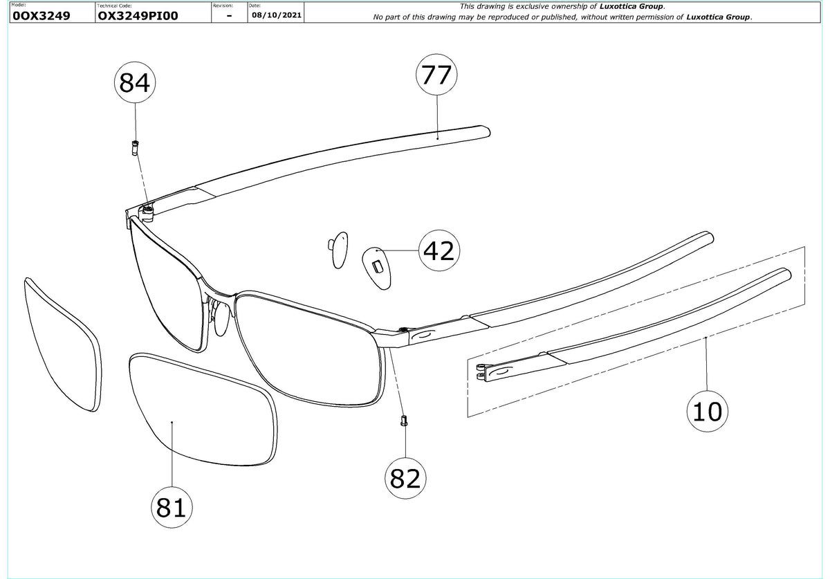 Exploded technical drawing of the Oakley Extender OX3249 Glasses Replacement Parts, with each replacement part numbered