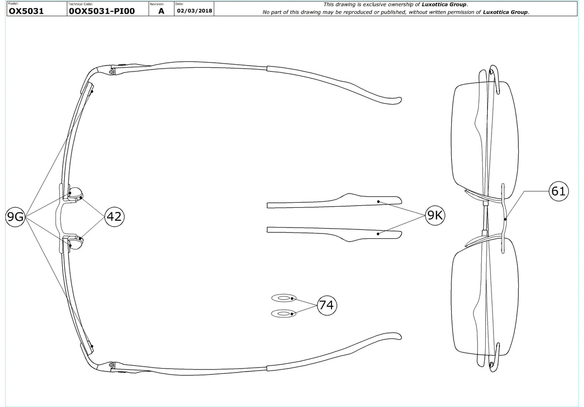 Exploded technical drawing of the Oakley Evade OX5031 Glasses Replacement Parts, with each replacement part numbered