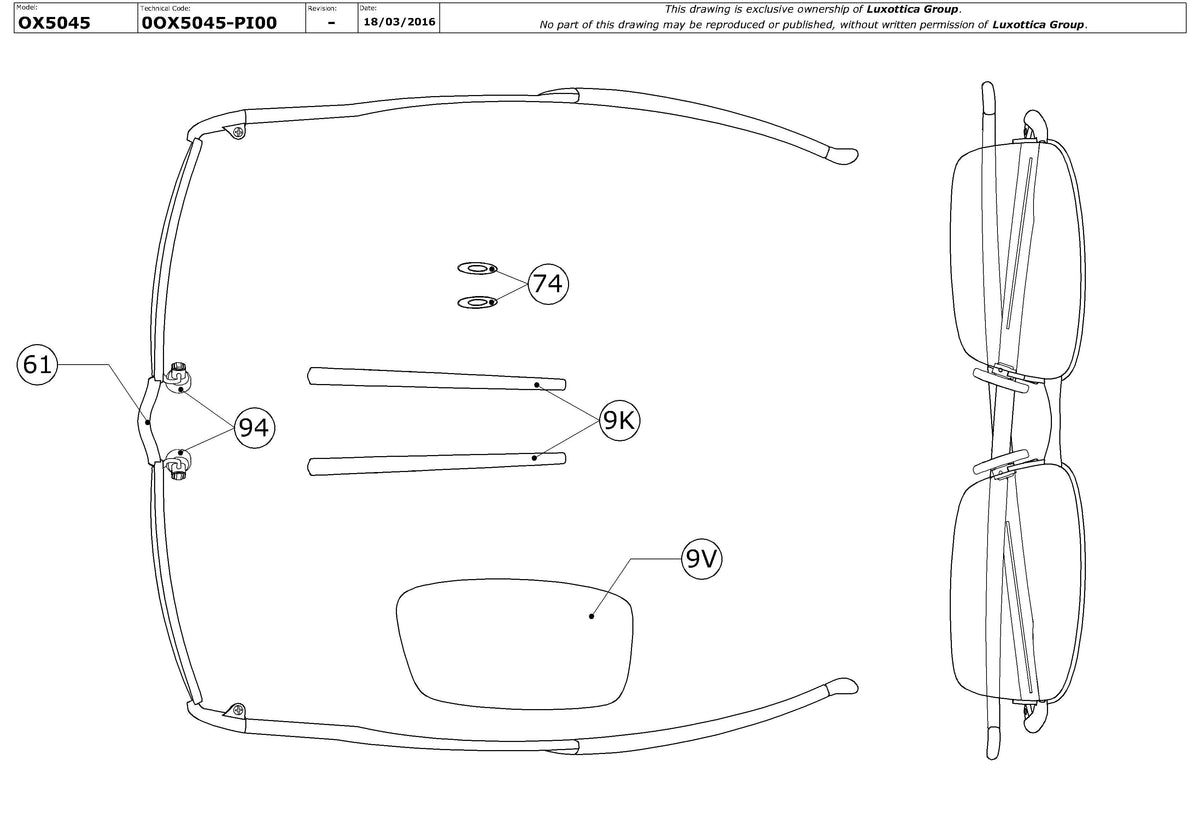 Exploded technical drawing of the Oakley Frag OX5045 Glasses Replacement Parts, with each replacement part numbered