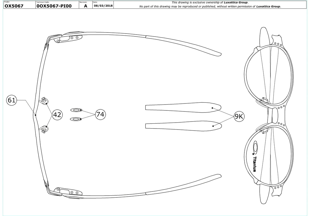Exploded technical drawing of the Oakley Overlord OX5067 Glasses Replacement Parts, with each replacement part numbered