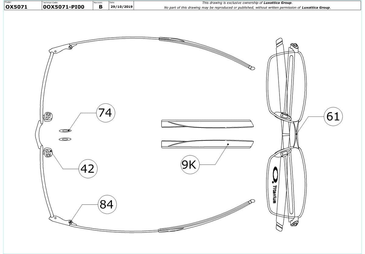 Exploded technical drawing of the Oakley Coin OX5071 Glasses Replacement Parts, with each replacement part numbered