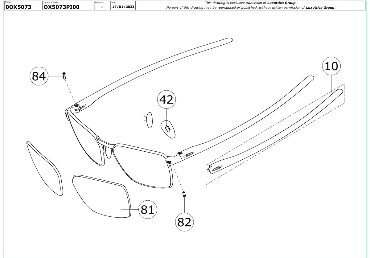 Exploded technical drawing of the Oakley Sway Bar OX5073 Glasses Replacement Parts, with each replacement part numbered
