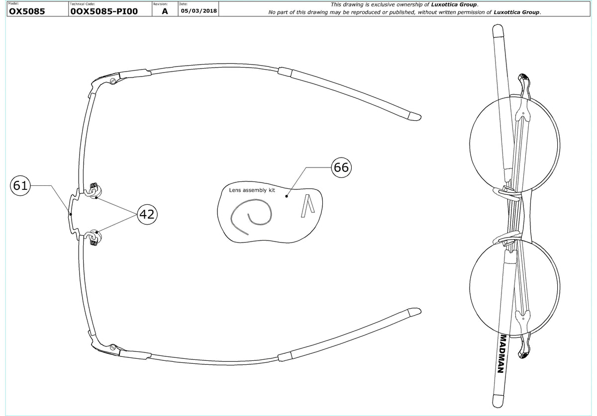 Enlarged technical drawing of the Oakley Madman OX5085 Glasses Replacement Parts