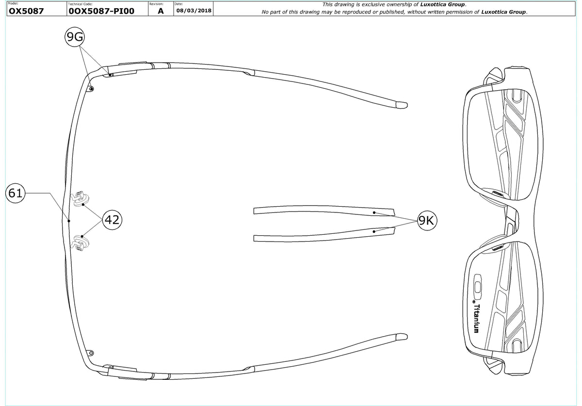 Enlarged technical drawing of the Oakley Gasser OX5087 Glasses Replacement Parts