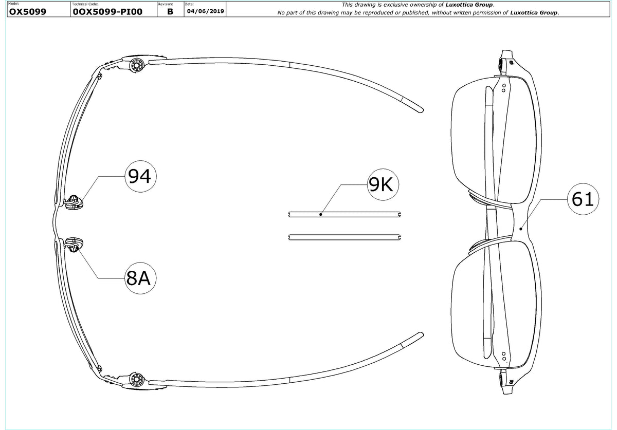 Enlarged technical drawing of the Oakley Tincup 0.5 Ti OX5099 Glasses Replacement Parts