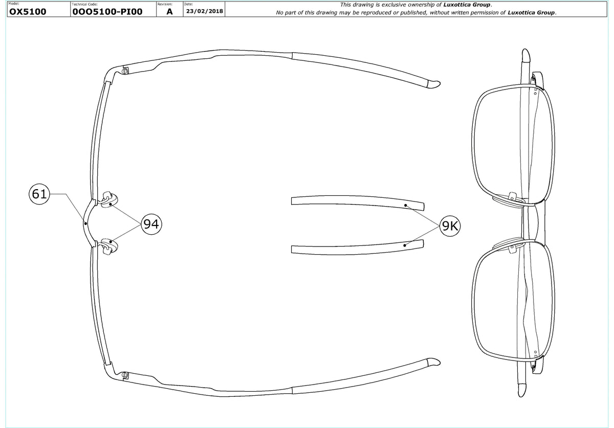 Exploded technical drawing of the Oakley Wingfold OX5100 Glasses Replacement Parts, with each replacement part numbered