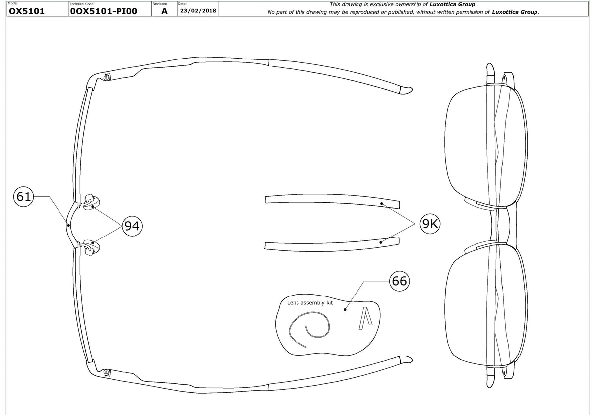Exploded technical drawing of the Oakley Wingfold 0.5 OX5101 Glasses Replacement Parts, with each replacement part numbered