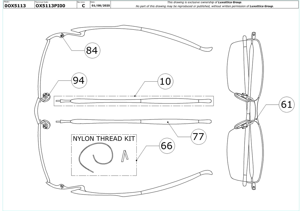 Exploded technical drawing of the Oakley Lizard OX5113 Glasses Replacement Parts, with each replacement part numbered