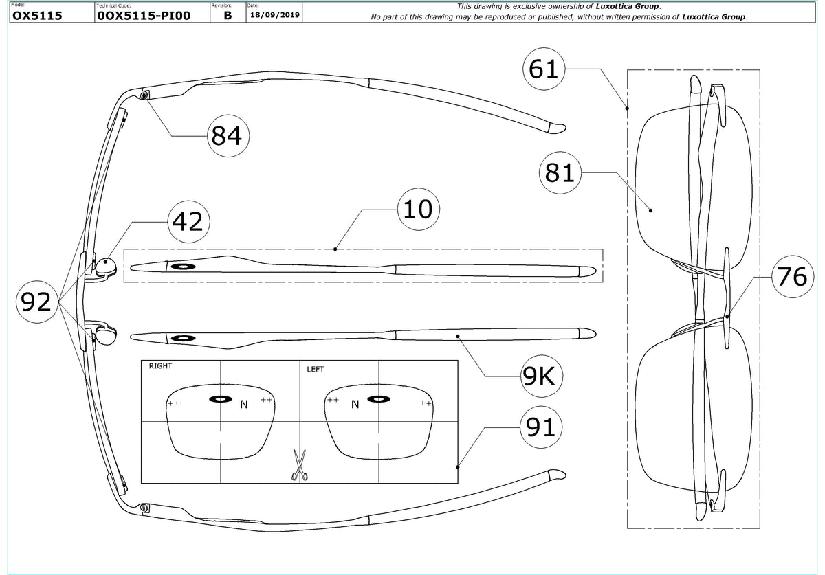 Enlarged technical drawing of the Oakley Wingfold Evs OX5115 Glasses Replacement Parts