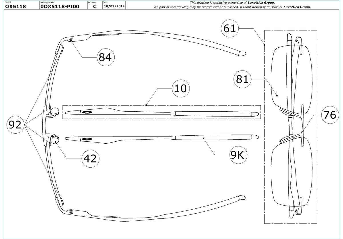 Enlarged technical drawing of the Oakley Wingfold Evr OX5118 Glasses Replacement Parts