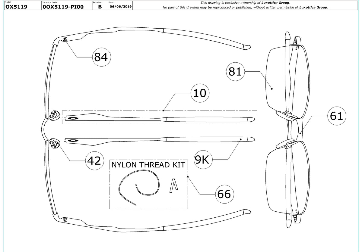 Exploded technical drawing of the Oakley Limit Switch 0.5 OX5119 Glasses Replacement Parts, with each replacement part numbered