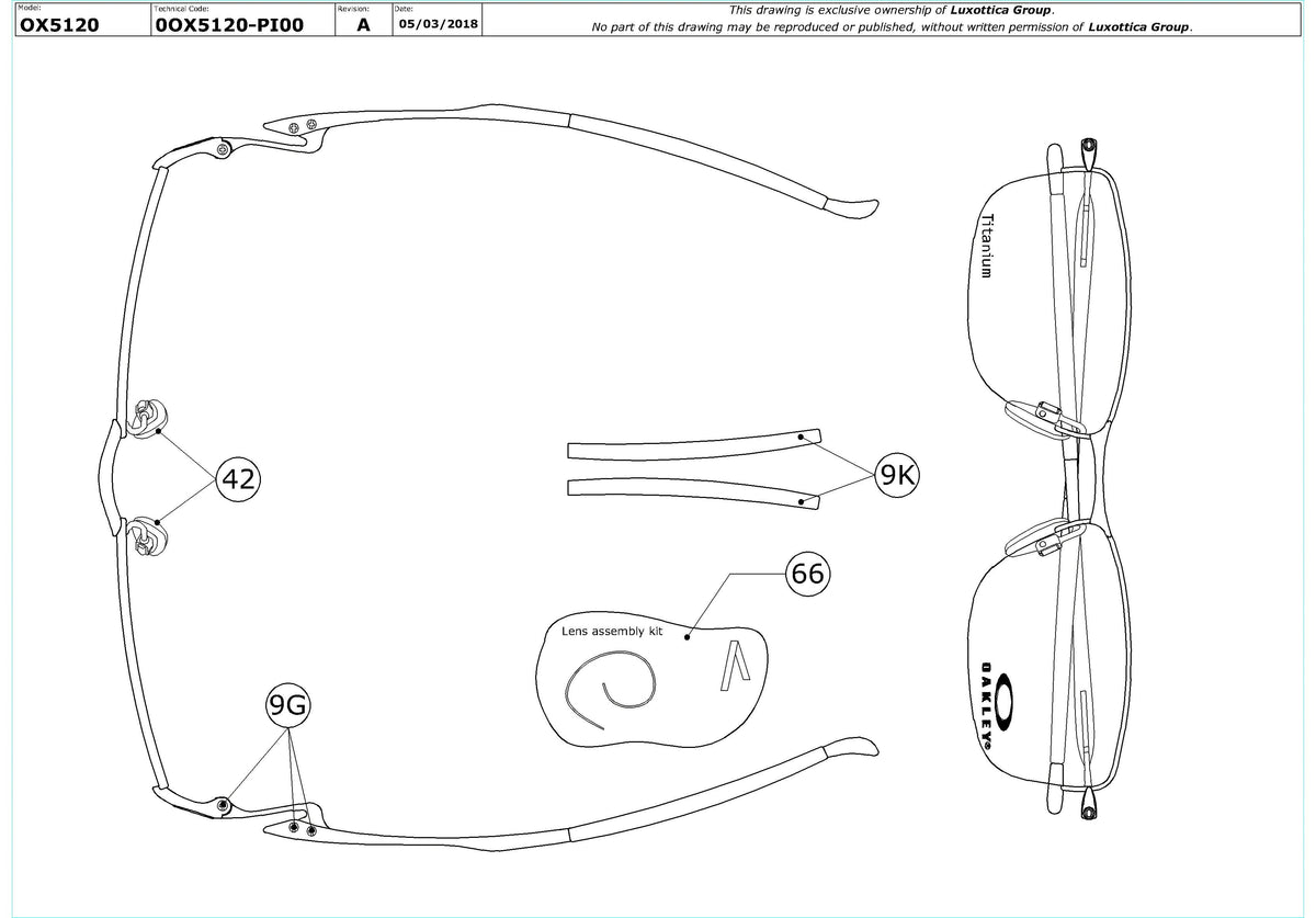 Exploded technical drawing of the Oakley Lizard 2 OX5120 Glasses Replacement Parts, with each replacement part numbered