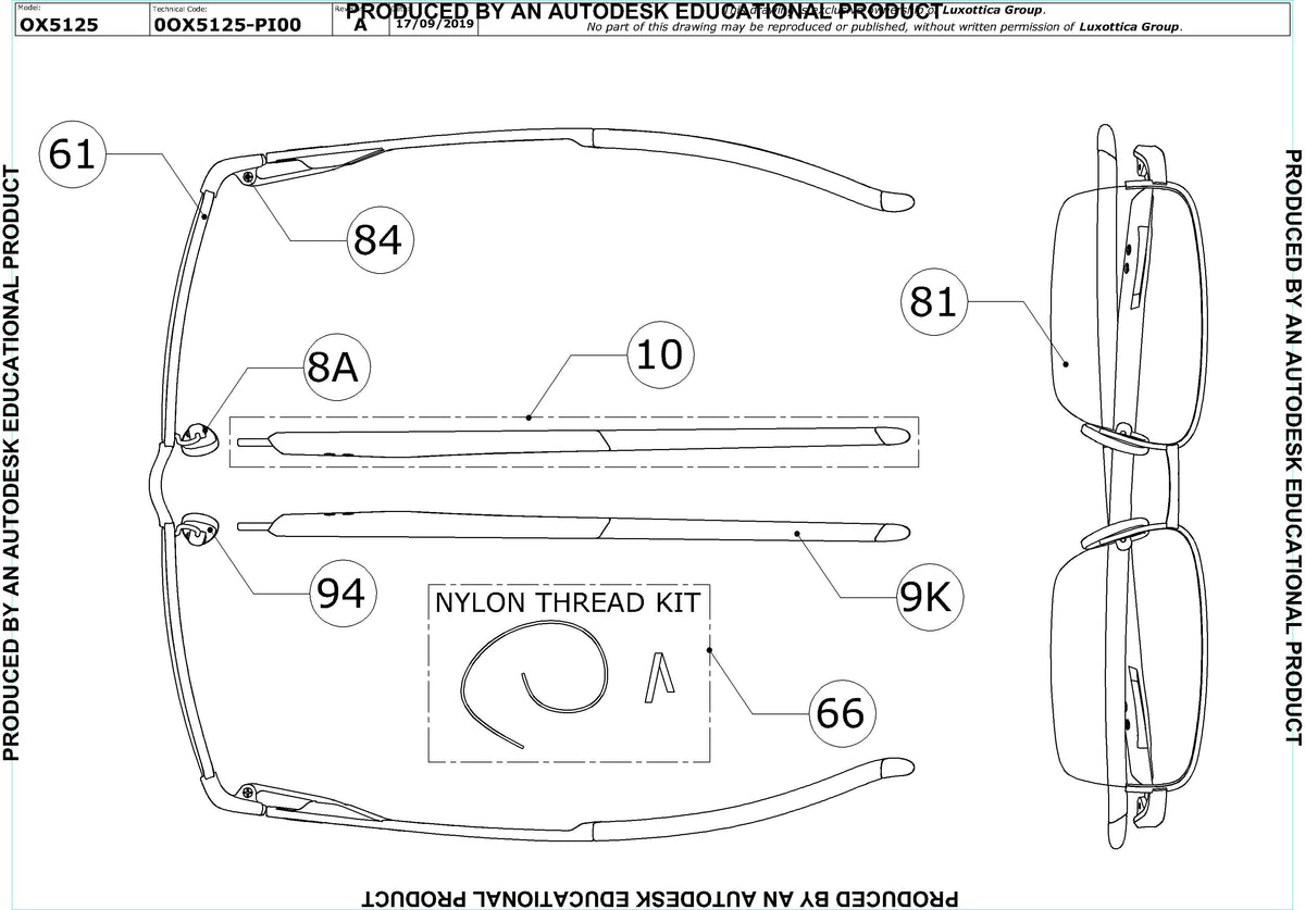 Enlarged technical drawing of the Oakley Gauge 5.1 OX5125 Glasses Replacement Parts