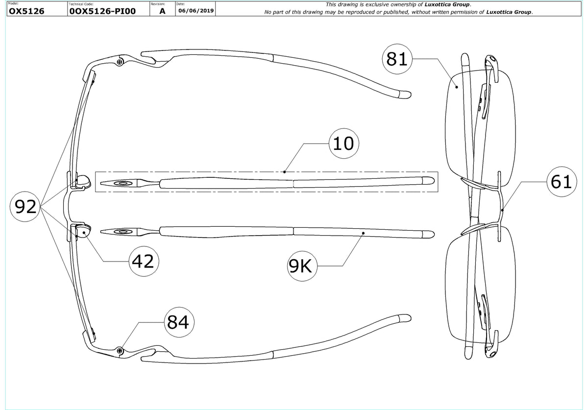 Enlarged technical drawing of the Oakley Gauge 3.1 OX5126 Glasses Replacement Parts