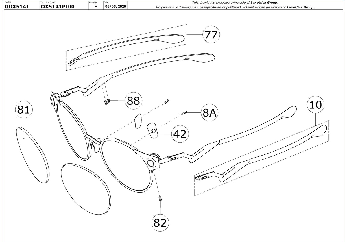 Exploded technical drawing of the Oakley Deadbolt OX5141 Glasses Replacement Parts, with each replacement part numbered