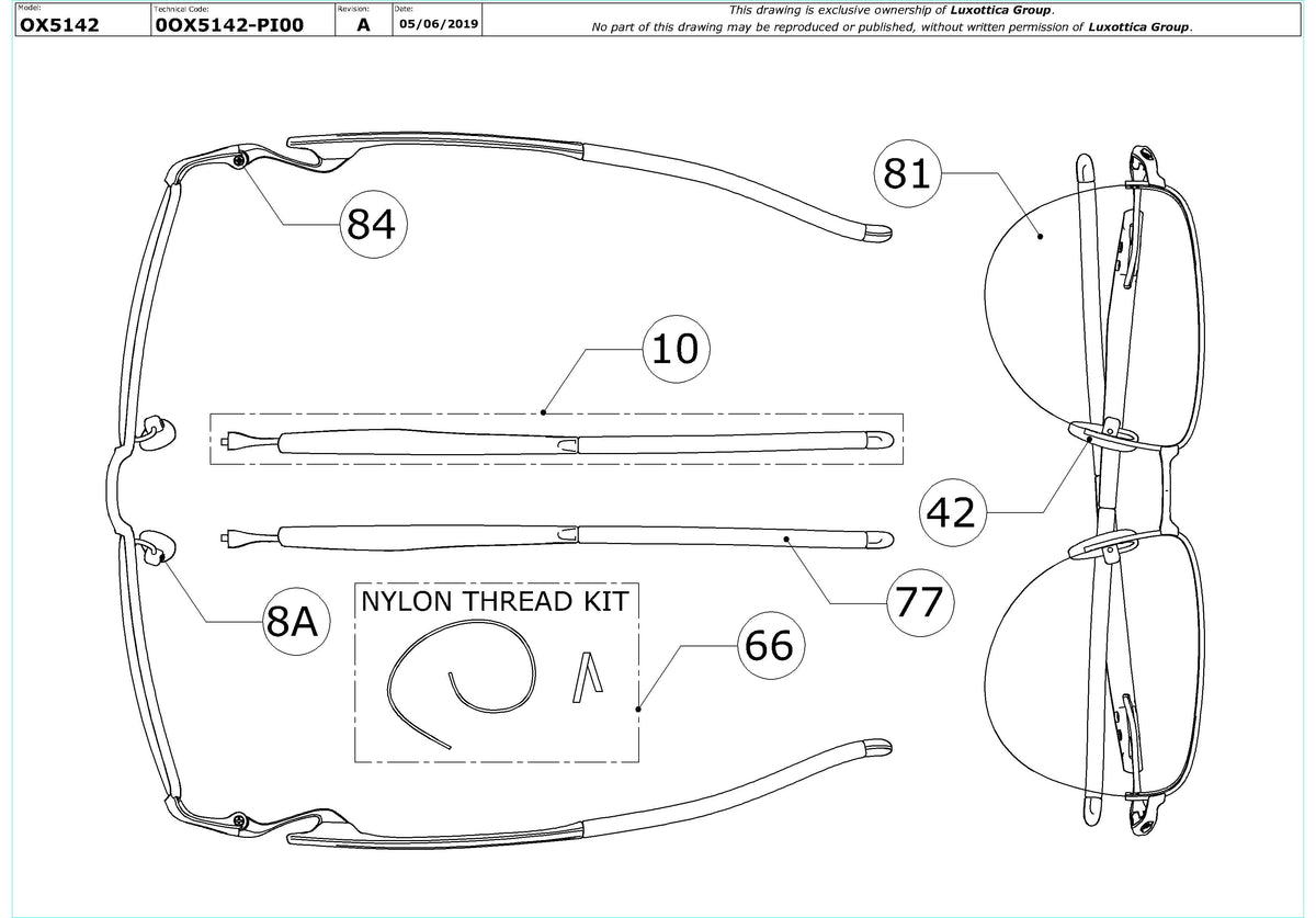 Enlarged technical drawing of the Oakley Plier OX5142 Glasses Replacement Parts
