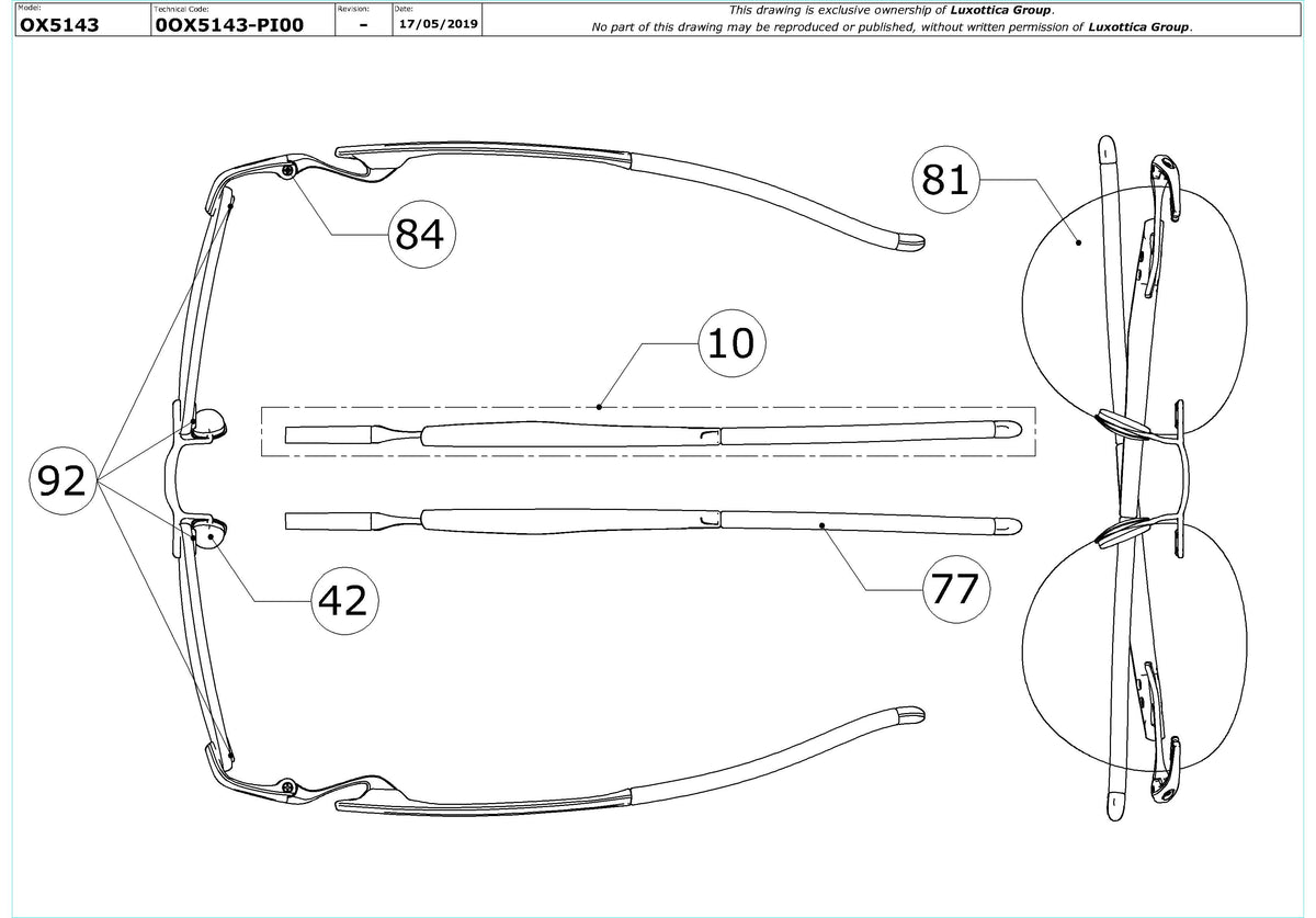 Exploded technical drawing of the Oakley Drill Press OX5143 Glasses Replacement Parts, with each replacement part numbered