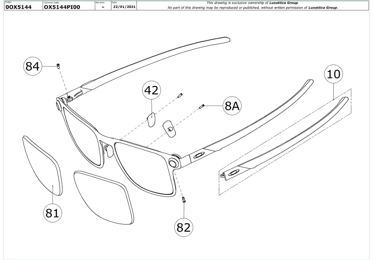 Exploded technical drawing of the Oakley Torque Wrench OX5144 Glasses Replacement Parts, with each replacement part numbered
